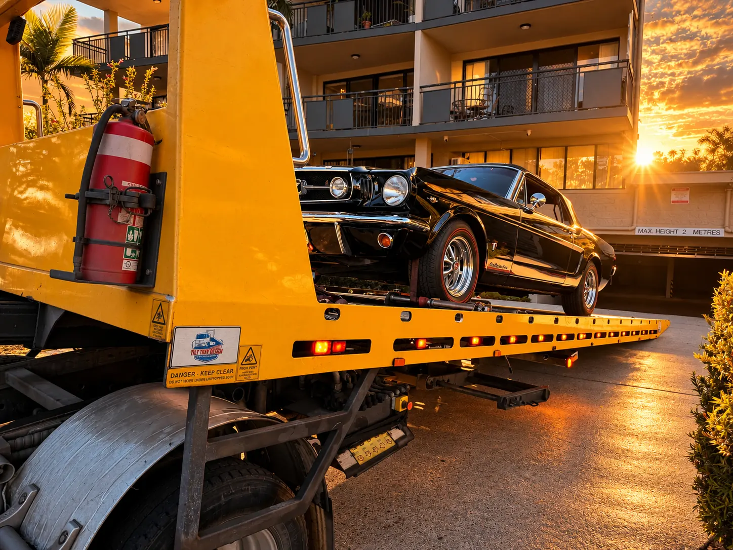 Car secured on a tilt tray for towing in Brisbane