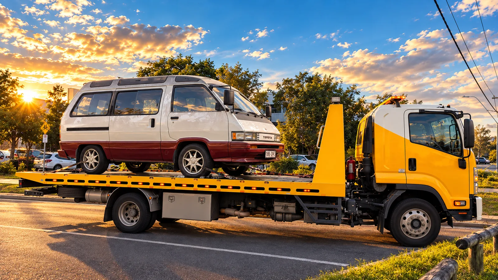 Light commercial van transported on a tilt tray in Brisbane