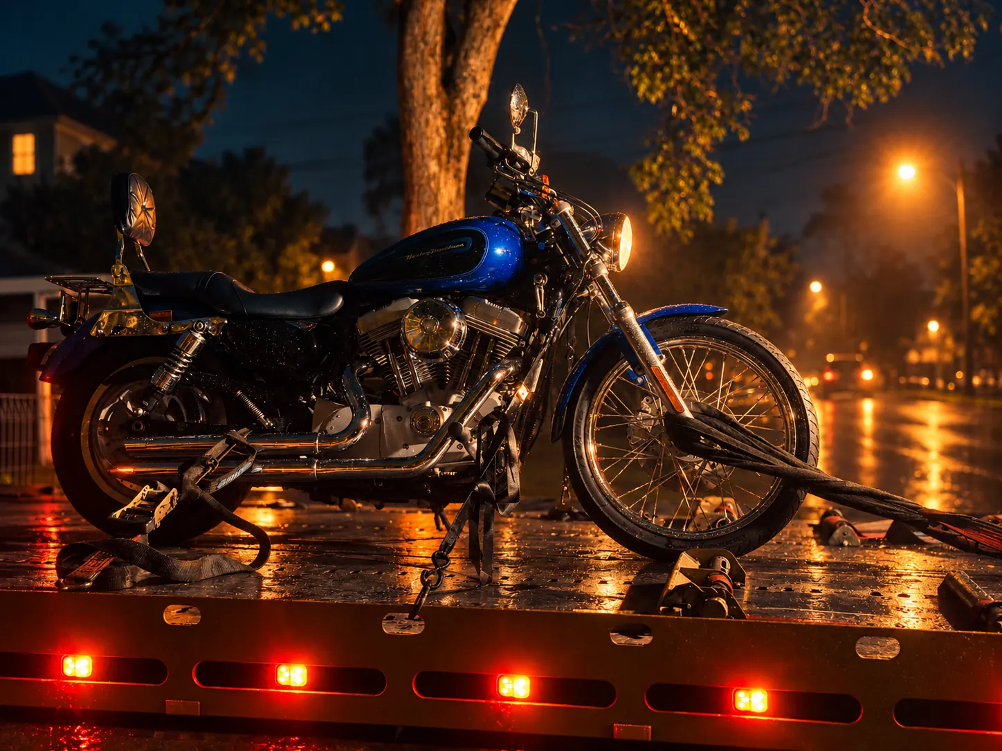 Motorcycle secured on a tilt tray tow truck in Brisbane